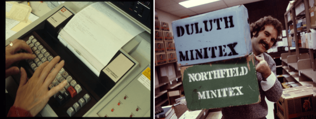 photos from the Minnesota Digital Library showing a teletype machine and wooden boxes for interlibrary loans