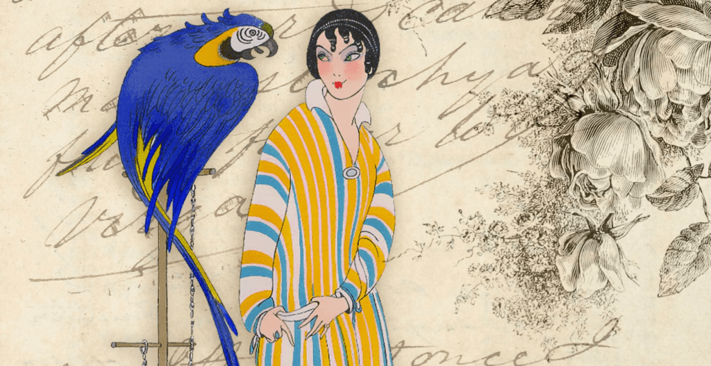Illustration of a woman in a yellow striped outfit looking at a blue macaw from the 1920s.