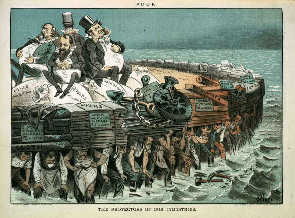 Cartoon showing Cyrus Field, Jay Gould, Cornelius Vanderbilt, and Russell Sage, seated on bags of "millions", on large heavy raft made of low wages and high prices being carried by workers, from Puck magazine, 1883.
